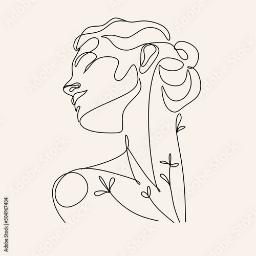 Woman Line Art Minimalist Logo. Nature Organic Cosmetics Makeup. Flower head Feminine Illustration line drawing. Woman face with flowers line