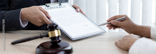 Attorneys or consultants who work in the courtroom are currently investigating the company's corruption cases and have their clients sign legal confirmation, Litigation and justice concept.