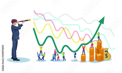 Businessman using telescope or spyglass looking growing bar graphic chart diagram statistics vector illustration.