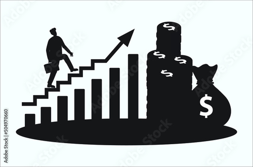 Businessman silhouette walk on increase growth bar graphic diagram stairs vector illustration.