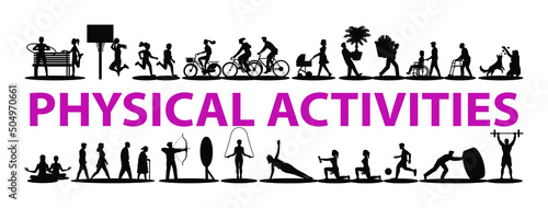 Physical activities silhouettes exercise indoor and outdoor set vector illustration.