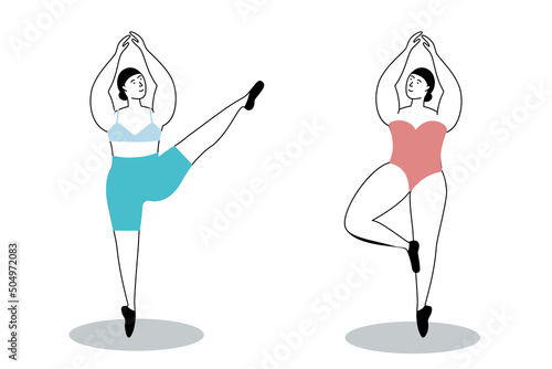 Body poses. Dancing women. Ballet dancers training. Isolated elegant ballerinas posing. Girls standing and doing gymnastic exercises. Female figures. Vector choreographic positions set