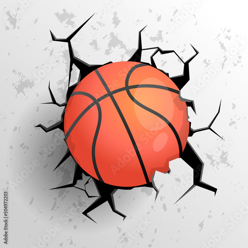 Ball in wall. Winner basketball sphere shot in black hole. Damaged surface with cracks. Competitive game. Sport tournament. Team championship. Throwing orange circle. Vector concept