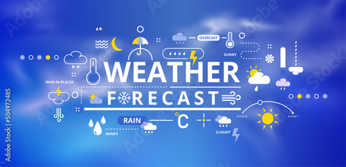 Weather infographic. Line climate forecast banner with rain, sunny or cold day elements. Clouds, sky and moon icons. Precipitation or cloudiness prediction. Vector meteorology background photo