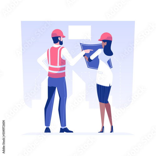 Visiting construction site isolated concept vector illustration. Group of architects at construction site, looking at residential area plan, building private house process vector concept.