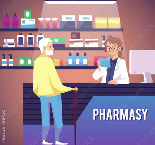 Drugstore scene with elderly man buying medicine, pharmacist reads prescription, flat vector illustration.