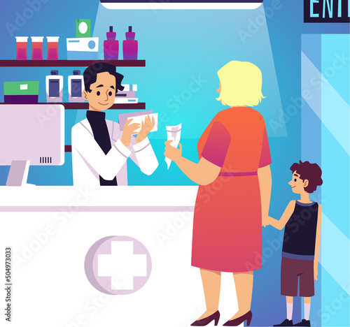Woman customer buys medicine with prescription in drug or pharmacy store, flat vector illustration.