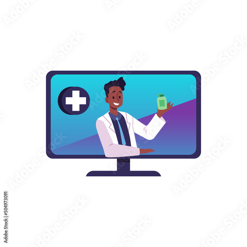 Online drugstore or appointment with doctor, flat vector illustration isolated on white background.