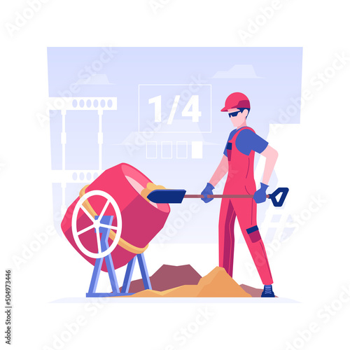 Mortar preparation isolated concept vector illustration. Mason with spade making a cement mortar, brickwork and block work, construction worker, private house building process vector concept.