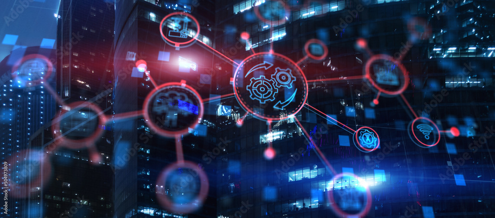 RPA. Robotic Process Automation on modern city abstract background RPA. Robotic Process Automation on modern city abstract background