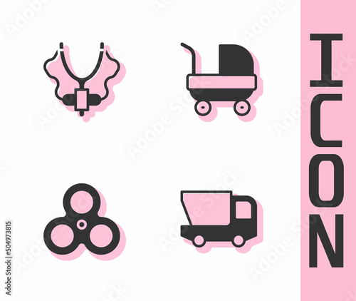 Set Toy truck, Slingshot, Fidget spinner and Baby stroller icon. Vector