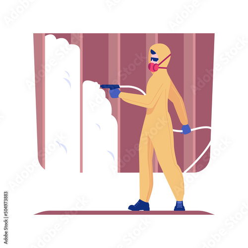 Spray foam insulation isolated concept vector illustration. Construction worker in protective suit sprays protection foam on wall, residential area building, insulation aerosol vector concept.