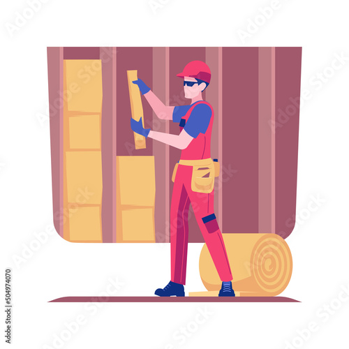 Roll insulation isolated concept vector illustration. Contractor installs glass wool insulation, cellulose fiber, polyester roll for house protection, construction process vector concept.