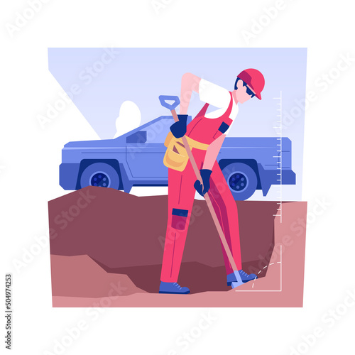 Digging trenches isolated concept vector illustration. Repairman digs a trench to install a drainage system, private house building, residential construction, exterior works vector concept.