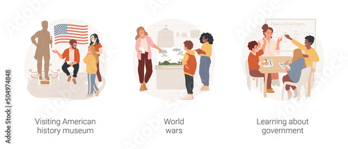 High school history curriculum isolated cartoon vector illustration set. Visit American history museum, study World wars, warfare field trip, learn about government, politics lesson vector cartoon.