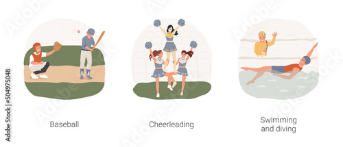 Sports in high school isolated cartoon vector illustration set. Baseball game, high school cheerleading group training, competitive spirit, swimming competition, diving lesson, vector cartoon.