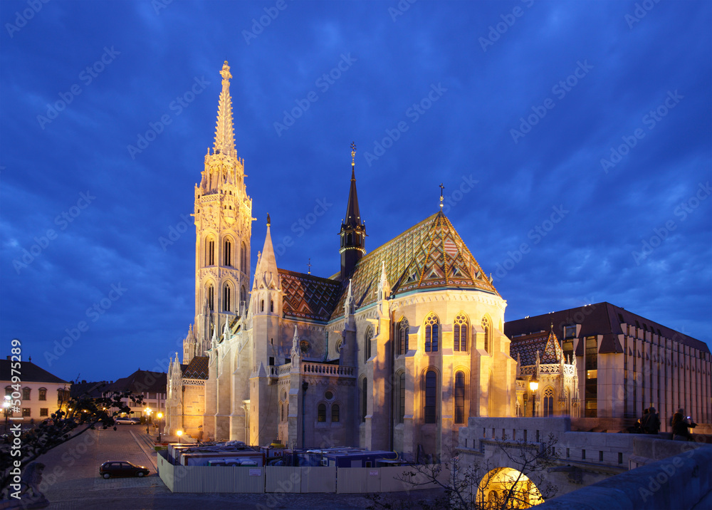 Matthias Church at dusk, Budapest, Hungary