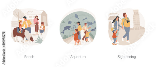 Family field trips isolated cartoon vector illustration set. Family visiting ranch, farm, kid riding pony in cowboy hat, walking through a glass aquarium tunnel, urban sightseeing vector cartoon.
