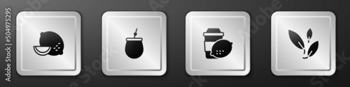 Set Lemon, Mate tea, Cup of with lemon and Tea leaf icon. Silver square button. Vector