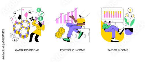 Capital gain abstract concept vector illustration set. Gambling, portfolio and passive income, online casino, investments and bonds, cash flow, money slot, mutual fund, finance abstract metaphor.