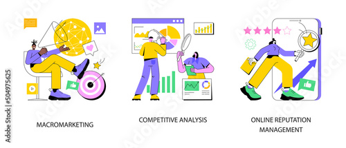 Global marketing strategy abstract concept vector illustration set. Macromarketing, competitive analysis, online reputation management, market analysis, digital image, social media abstract metaphor.