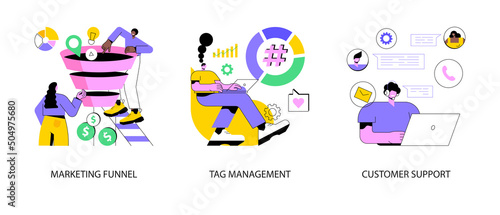 E-marketing abstract concept vector illustration set. Marketing funnel, tag management, customer support, product cycle, data collection, analytic software, online chat, help center abstract metaphor.