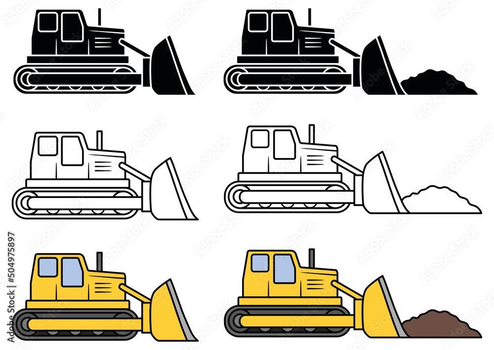 Bulldozer Heavy Machinery Clipart Set - Outline, Silhouette and Color Bulldozer Heavy Machinery Clipart Set - Outline, Silhouette and Color