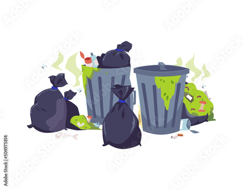 Smelly trash cans and garbage bags with flies and rotten leftovers, flat vector illustration isolated on white background.