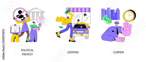 Government policy abstract concept vector illustration set. Political protest, looting and curfew, riot police, political activism, mass unrest, street action, demonstration abstract metaphor.