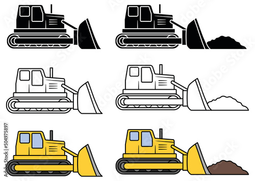 Bulldozer Heavy Machinery Clipart Set - Outline, Silhouette and Color