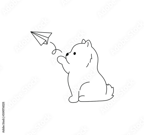 Vector isolated cute cartoon sitting spitz dog launching paper plane colorless black and white contour line drawing