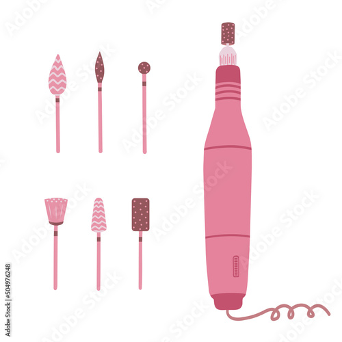 Apparatus for manicure. Milling cutter. Manicure tools. Vector Illustration for printing, backgrounds, covers, packaging, greeting cards, posters and stickers. Isolated on white background.