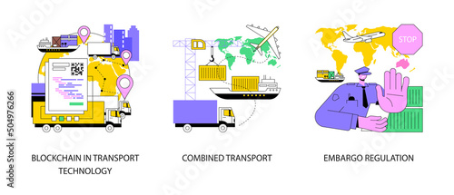 Commercial transportation industry abstract concept vector illustration set. Blockchain in transport technology, combined transport, embargo regulation, goods movement, trading ban abstract metaphor.