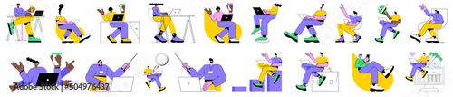 Colorful vector illustration set of isolated people with computers at workplace virtual video conference call and meeting. Diverse men and women with laptops at remote work online business