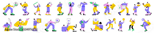 Colorful vector illustration set of business people in work process. Diverse men and women carry out work assignments, manager explaining the presentation, team members at workplace, office tasks.