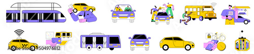 Public transportation colorful linear flat vector illustrations set. Passenger transportation services. Taxi, parking ticket, car and bike sharing app, bus and subway, passenger travel card.
