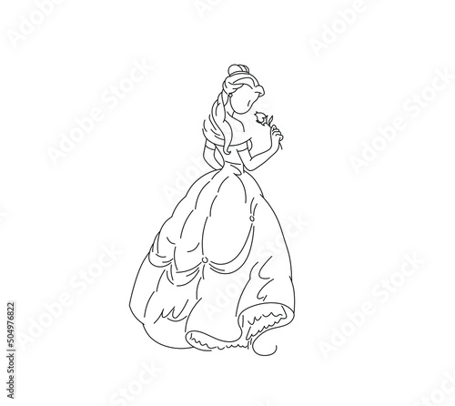 Vector isolated cartoon princess girl in big magnificent dress with flower in her hand colorless black and white contour line drawing