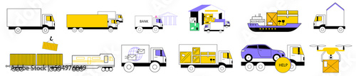 Cargo and container transportation and delivery colorful linear flat vector illustrations set. Global logistics, freight loading, logistics center, drone parcel delivery, postal service, warehousing.