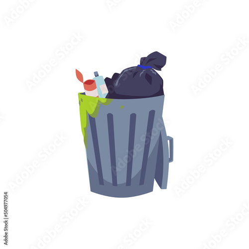 Metal garbage bin with smelly leftovers, flat vector illustration isolated on white background.