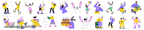 Colorful linear vector isolated illustration set of isolated characters dancing and celebrating, Kids birthday party, cake with candles, event entertainment, diverse people play music and sing karaoke