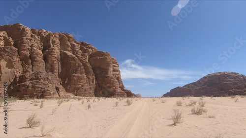 Desert driving point of view for background green screen. Wadi Rum Jordan photo