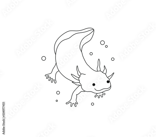 Vector isolated cute cartoon newt triton floating underwater colorless black and white contour line drawing