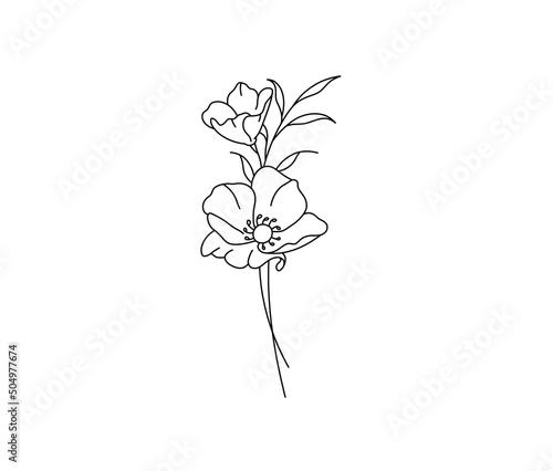 Vector isolated small simple pretty bouquet or boutonniere with anemone flowers colorless black and white contour line drawing