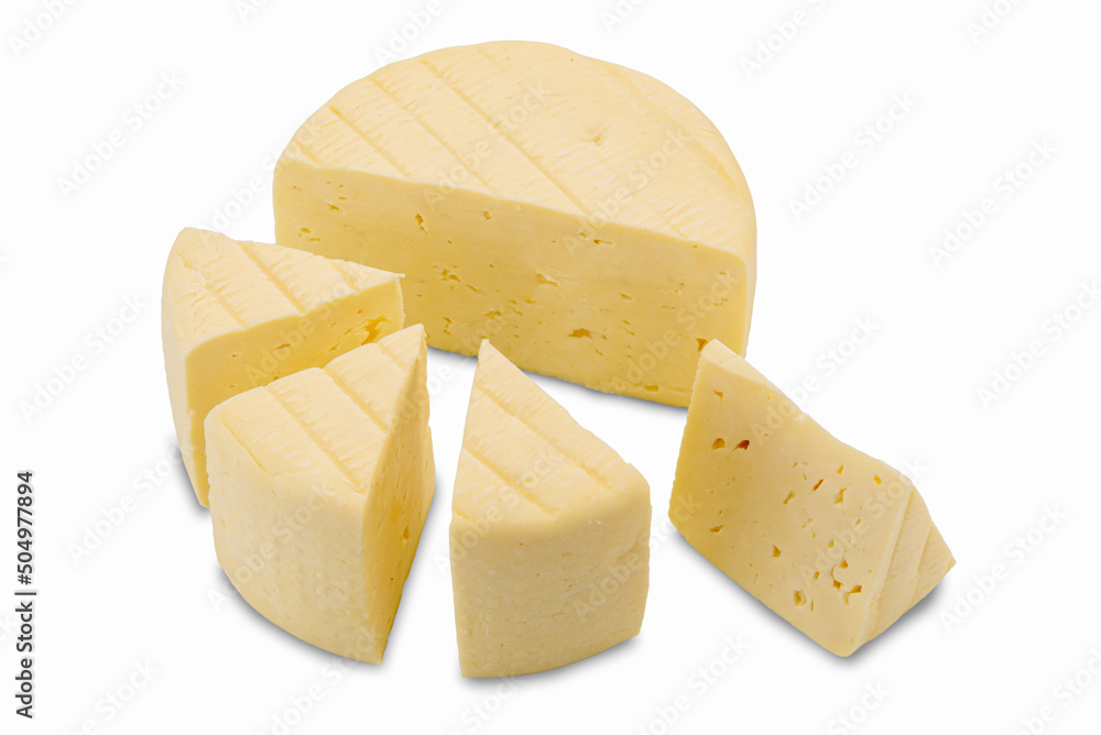 Fresh Italian caciotta, a form of cheese cut into wedges with one slice facing up. Isolated on white