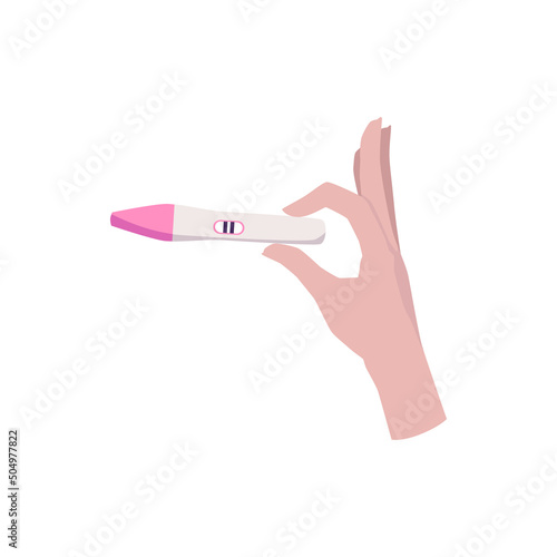 Positive pregnancy test in hand, flat vector illustration isolated on white background.