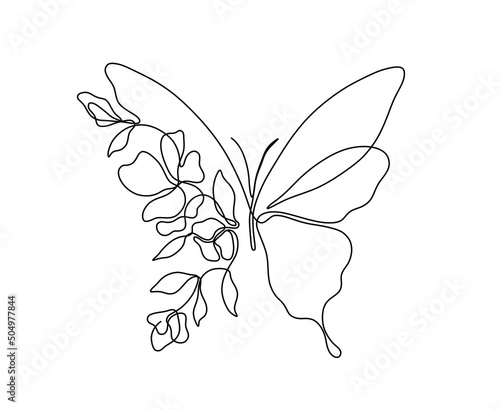 Vector isolated half butterfly half flowers one line single line graphic art drawing
