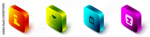 Set Isometric Sport boxing shoes, mechanical scoreboard, Energy drink and Boxing helmet icon. Vector