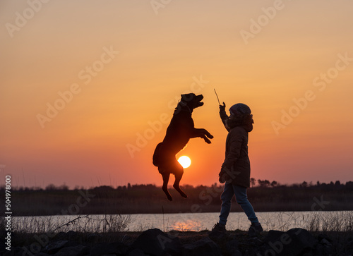 A girl plays with a guard dog of the Rottweiler breed against the backdrop of a lake and sunset