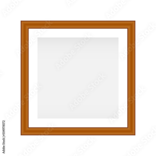 Photo frame. Wooden square mockup. Realistic empty brown photoframe. Vector illustration isolated on white.