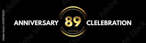 89 years anniversary gold and white color with circle ring isolated on black background for anniversary celebration event, birthday party, brochure, web, greeting card. 89 Year Anniversary Logotype